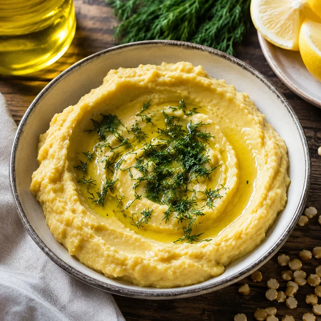 Üzerinde zeytinyağı ve kıyılmış dereotu bulunan sarı fava; yanında limon dilimleri