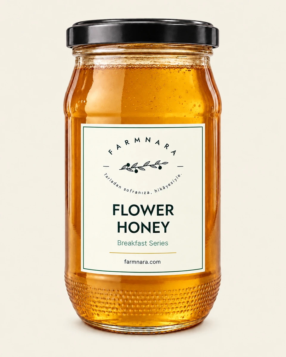 FarmNara Flower Honey in a glass jar with a black lid and cream label