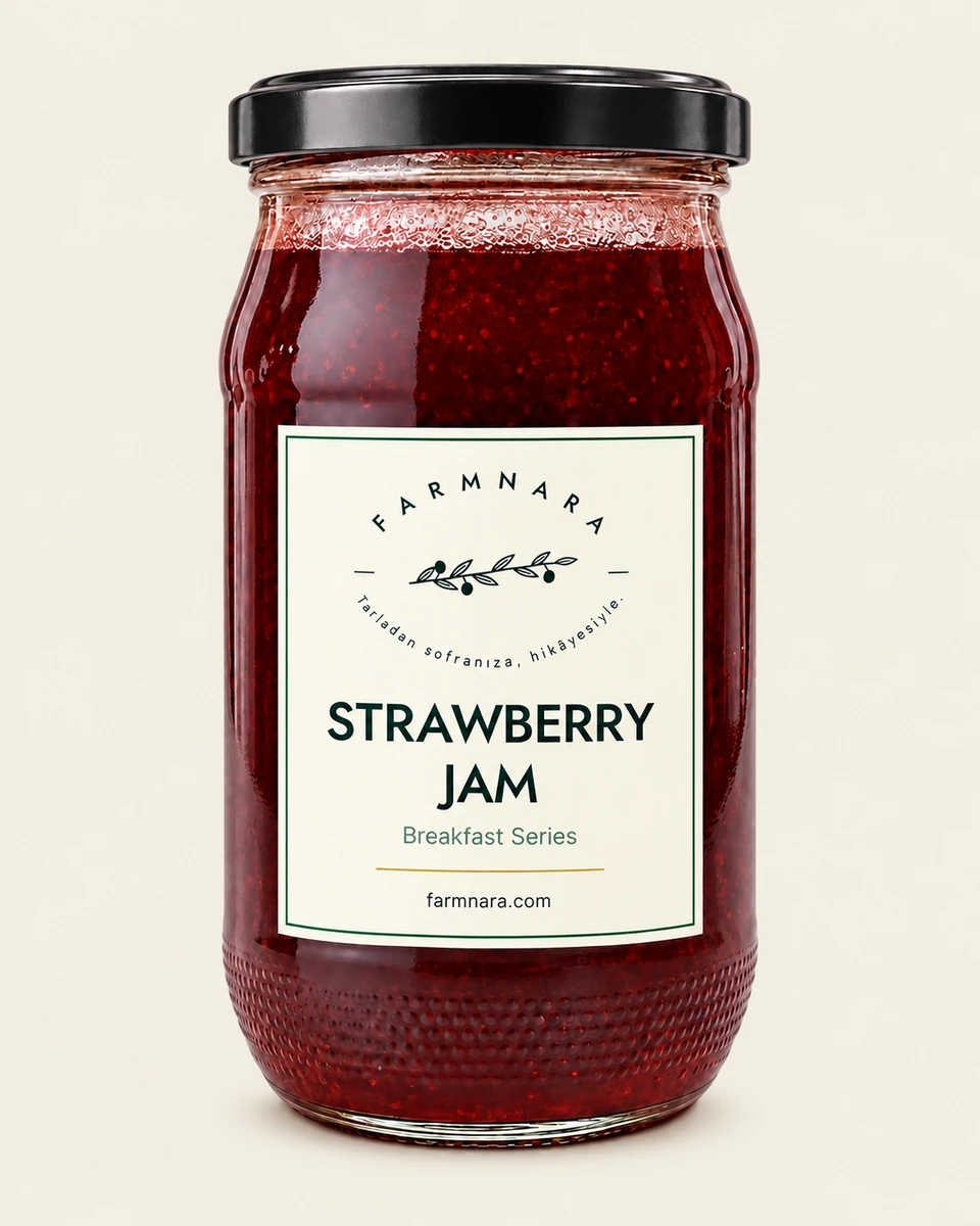 FarmNara Strawberry Jam in a glass jar with a black lid and cream label