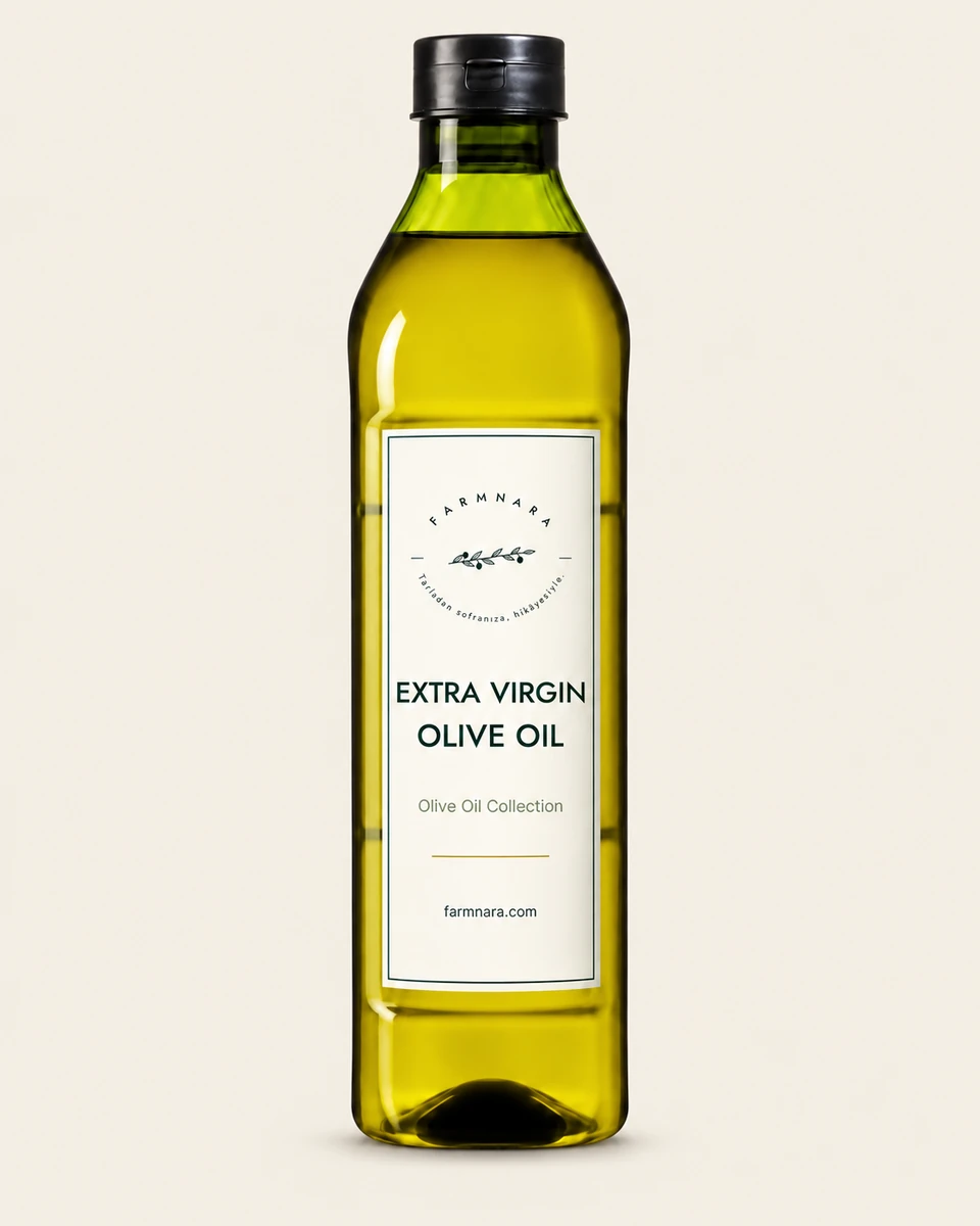 FarmNara Extra Virgin Olive Oil in a tall bottle with a black cap and cream label