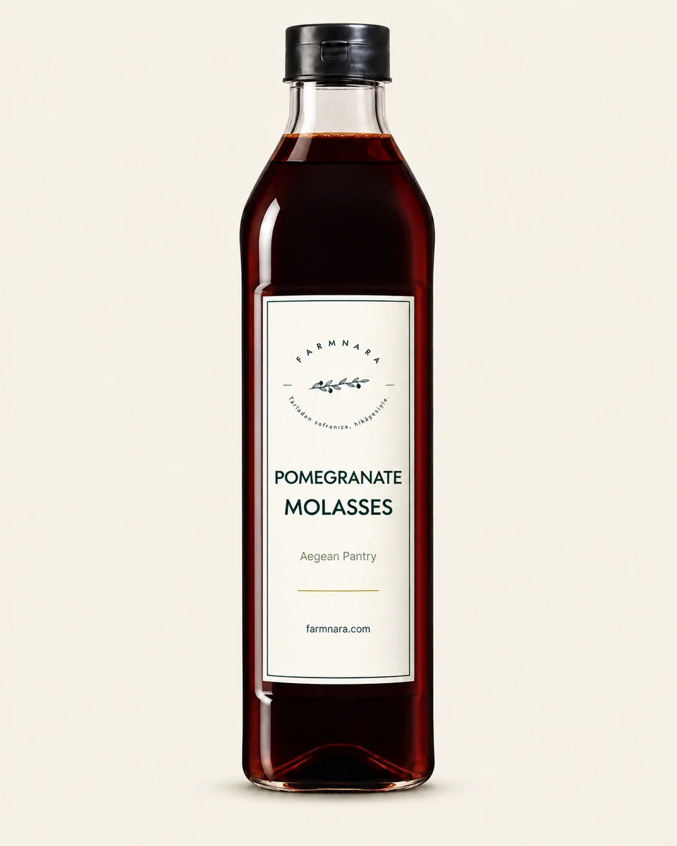 FarmNara Pomegranate Molasses in a tall bottle with a black cap and cream label