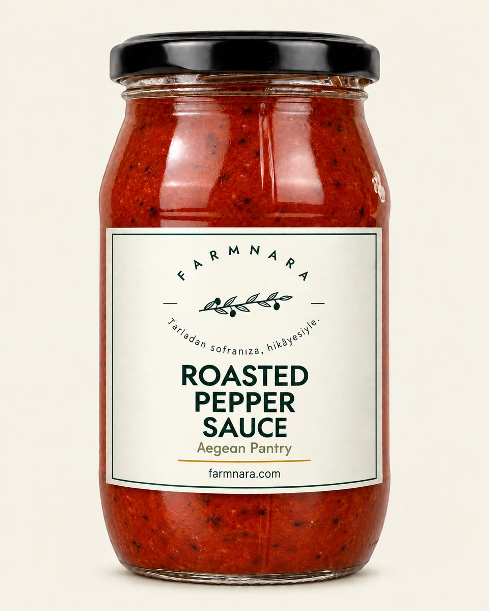 FarmNara Roasted Pepper Sauce in a glass jar with a black lid and cream label