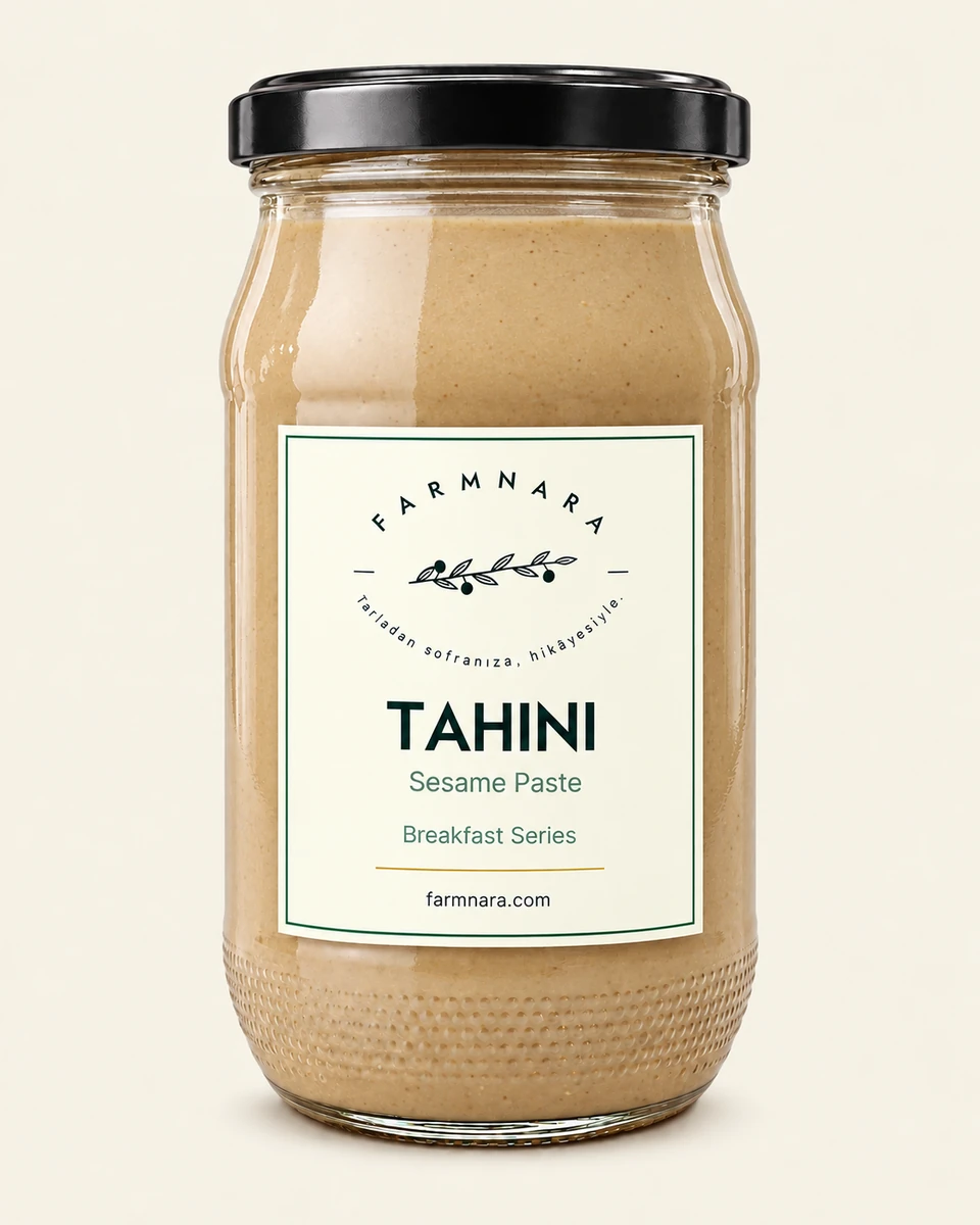 FarmNara Tahini in a glass jar with a black lid and cream label