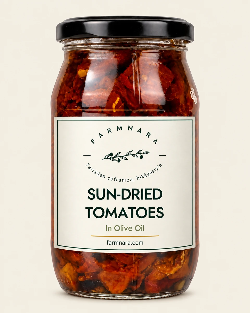 FarmNara Sun-dried Tomatoes in Olive Oil in a glass jar with a black lid and cream label